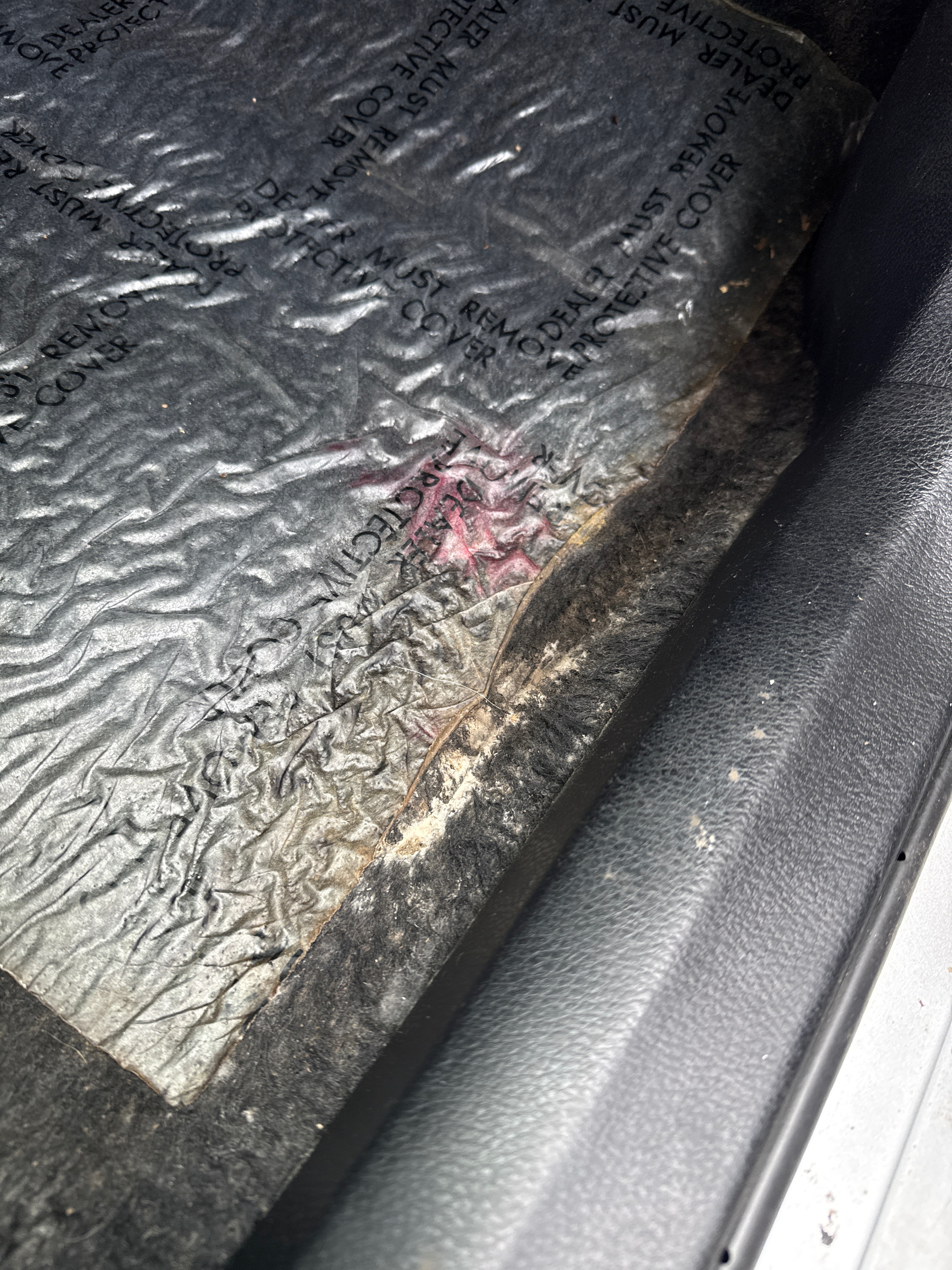 Old protective liner with trapped moisture and mold staining, driver's side floor