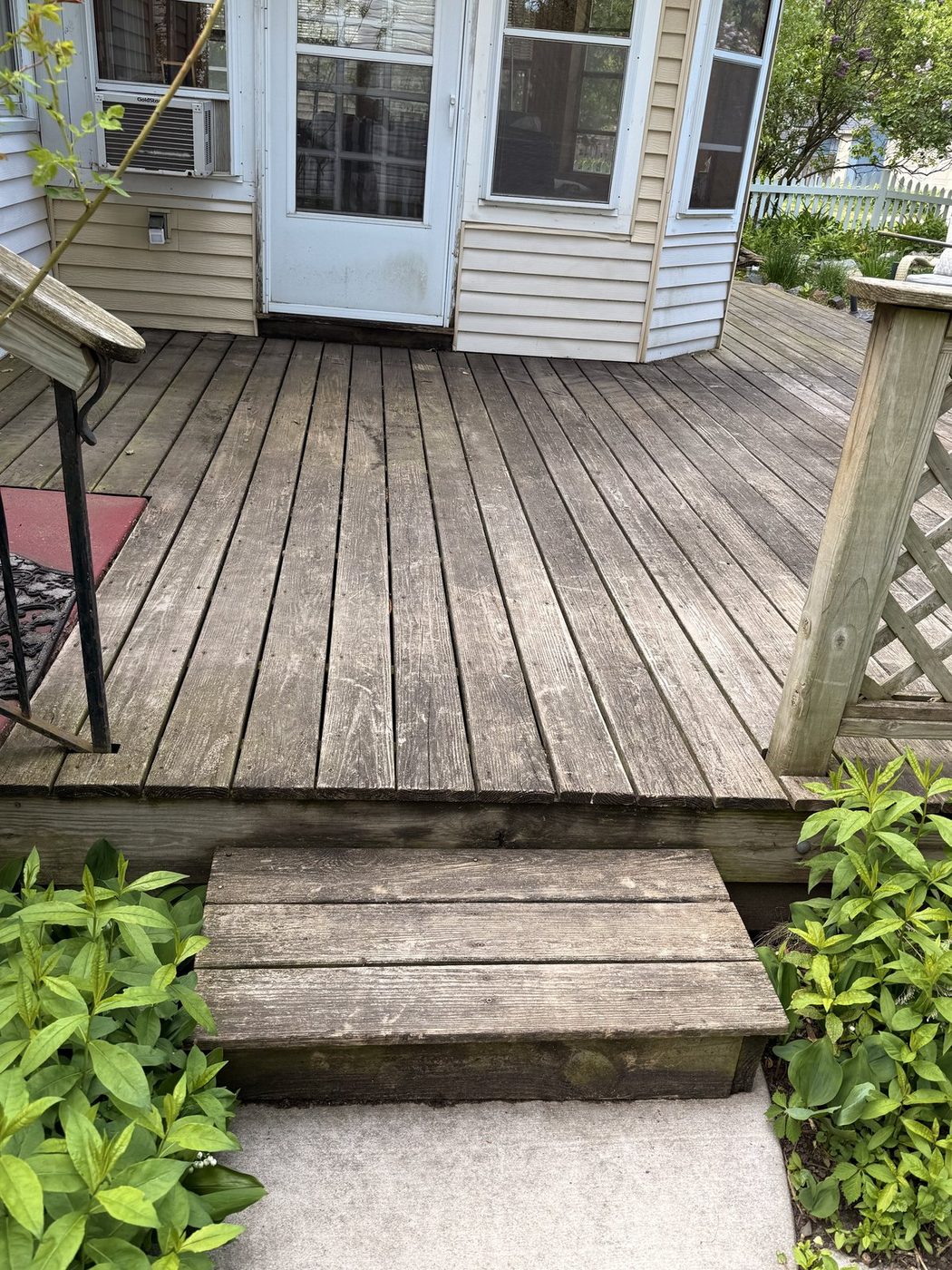 Deck steps and walkway before pressure washing, on-site